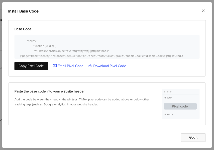 Copy your TikTok Pixel Base code from Events Manager.