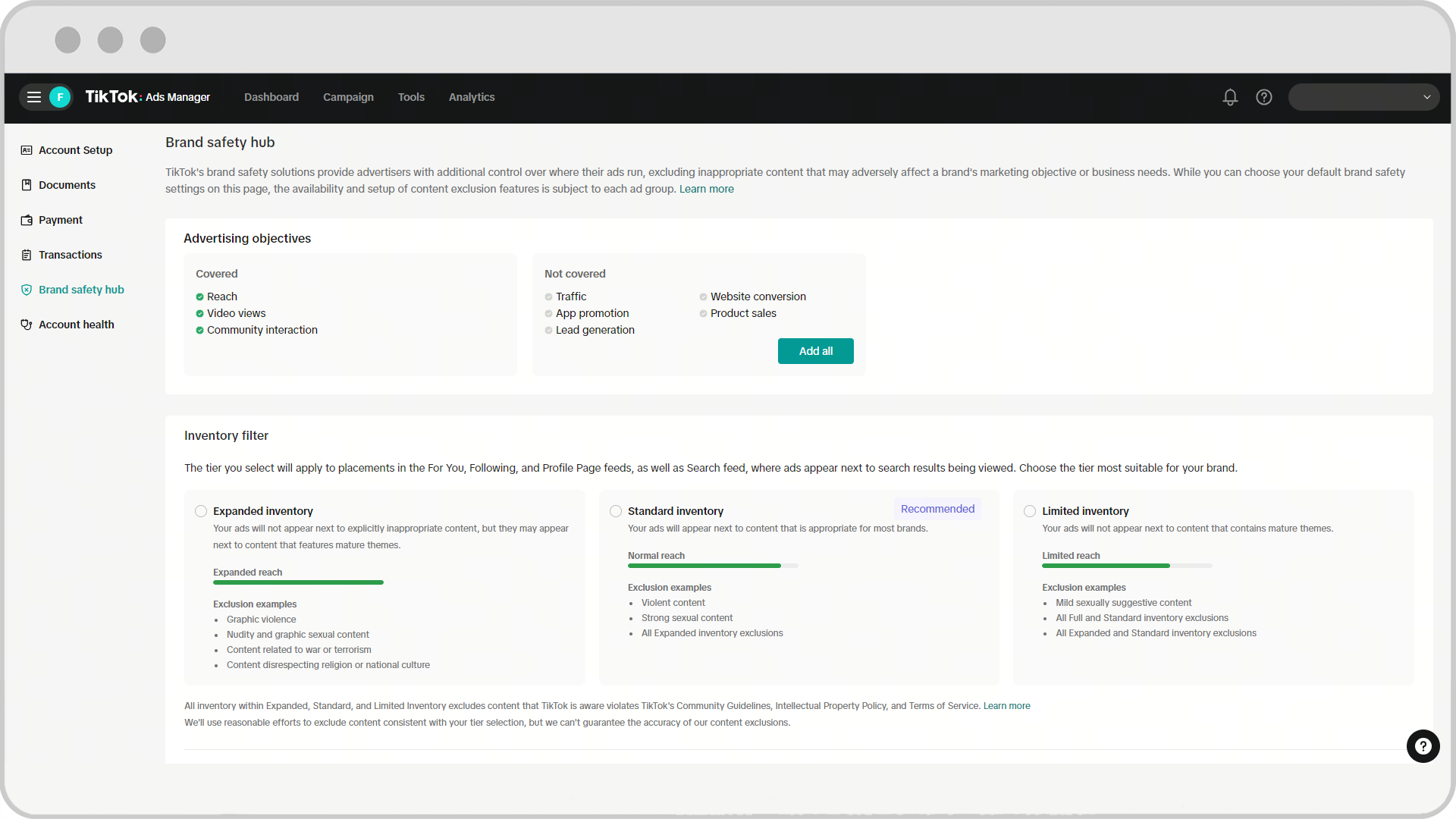 Brand Safety Hub - default covered ad objectives