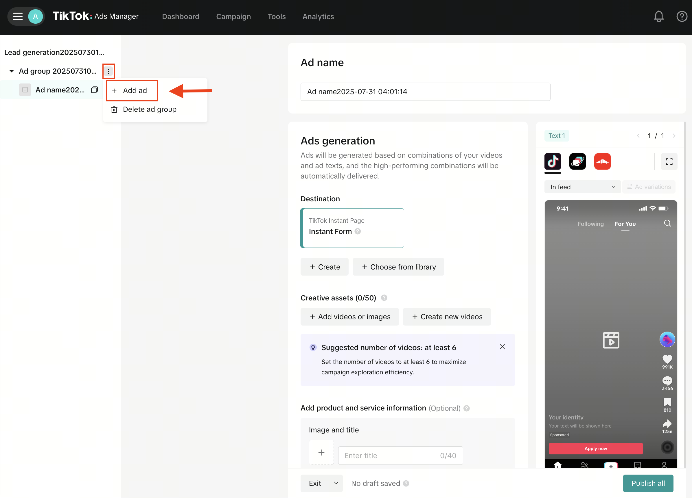 Create new asset group - screenshot