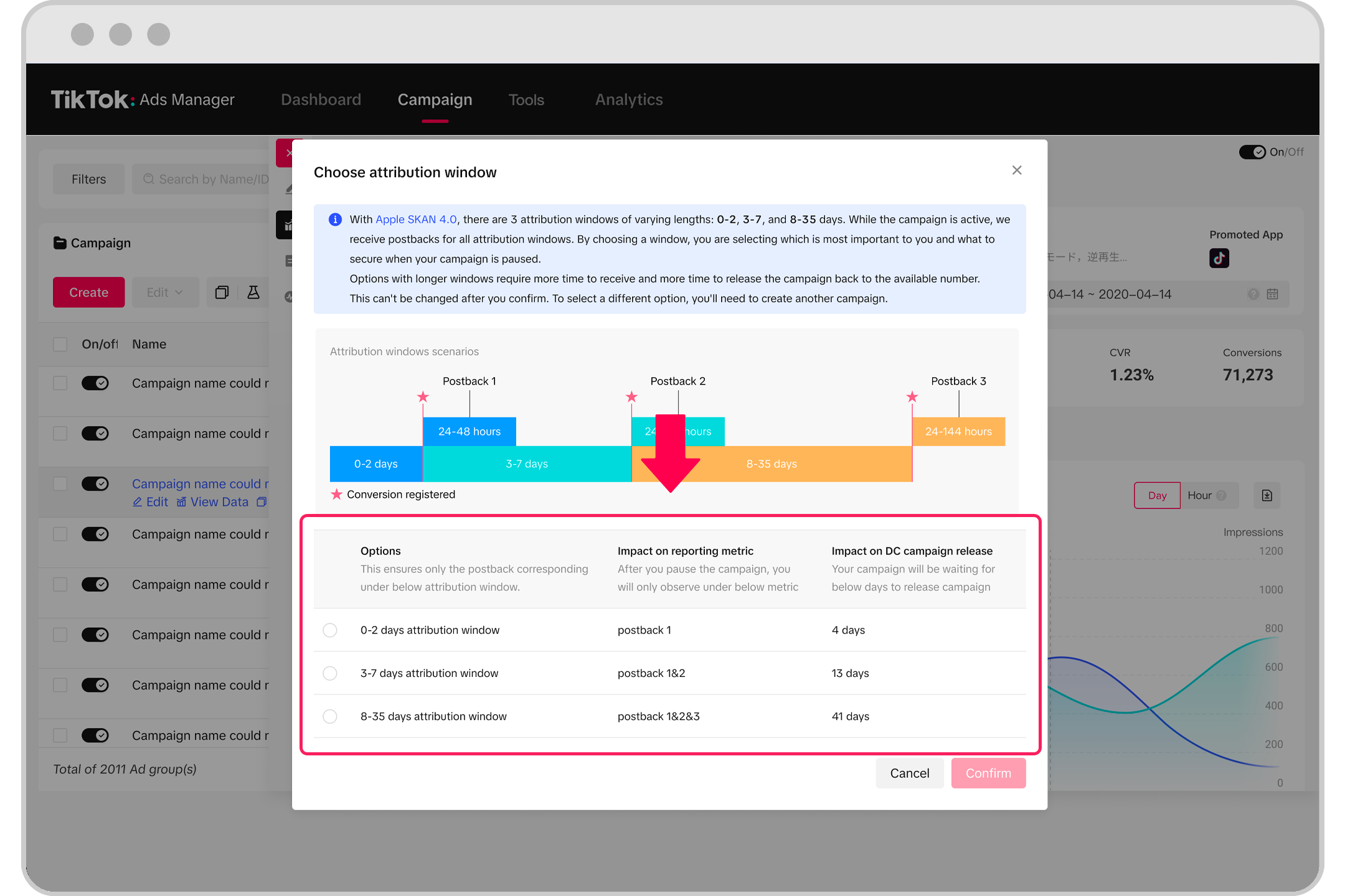Automated rules attribution window selection for SKAN 4.0 campaigns