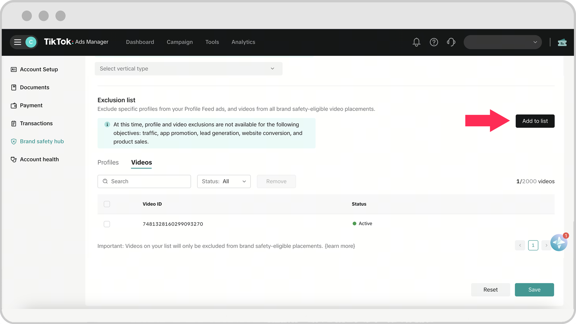 Video Exclusion List - Add to list