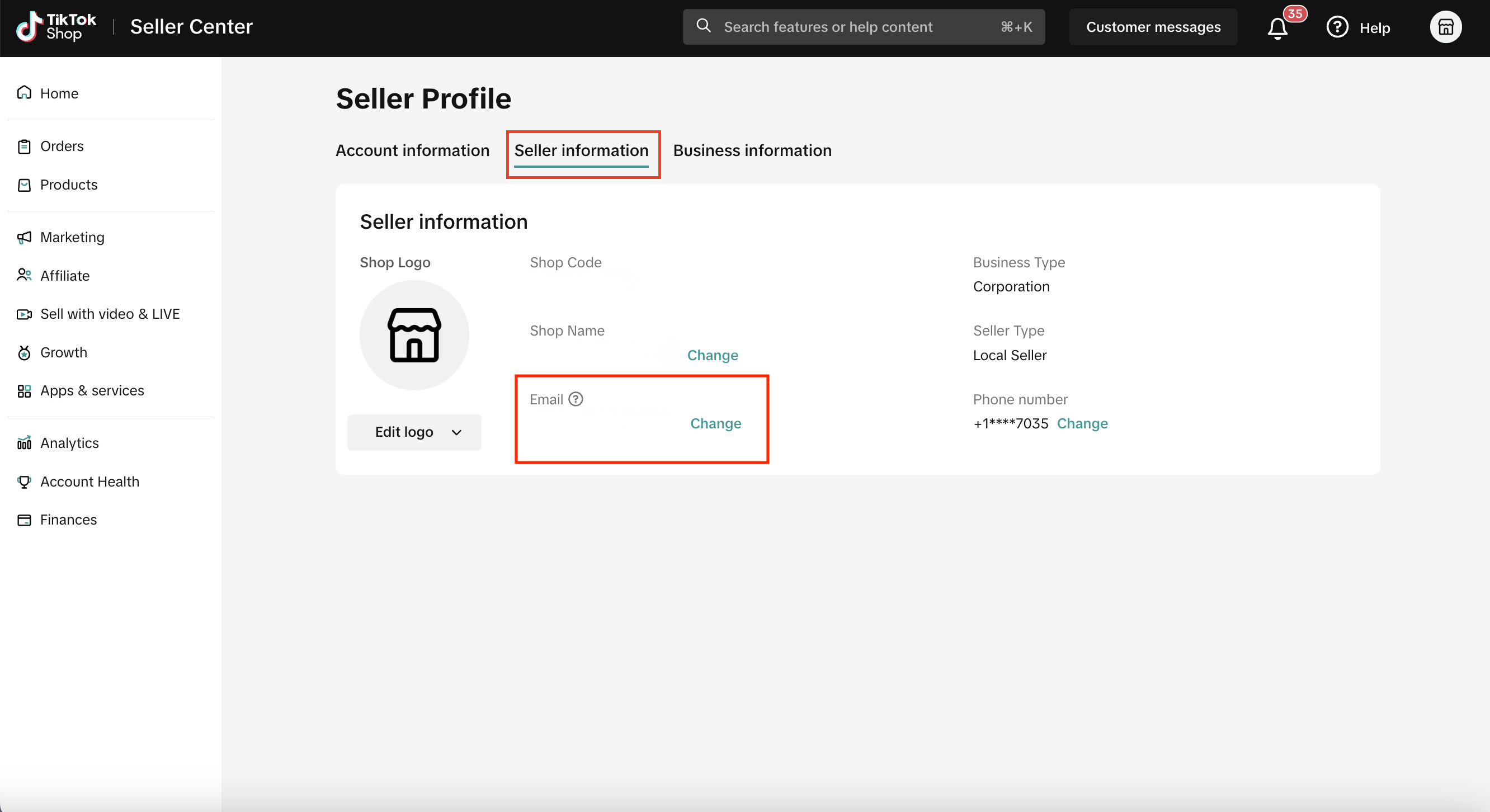 Change email in Seller Center - screenshot