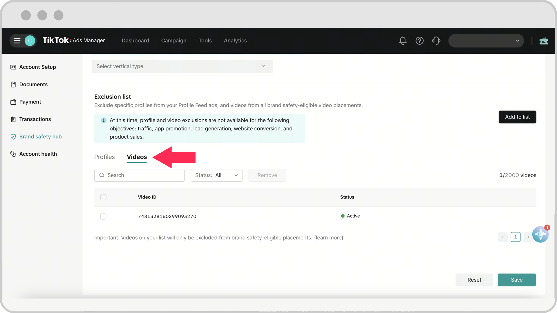 Video Exclusion List screenshot - Videos tab