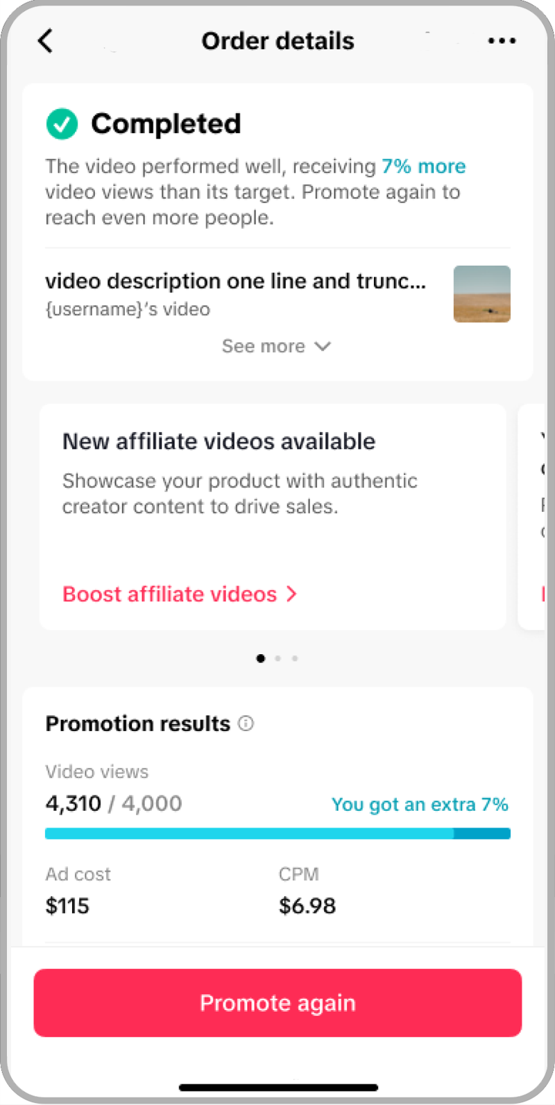 How to Promote Creator videos for your TikTok Shop - Completed Promote Order