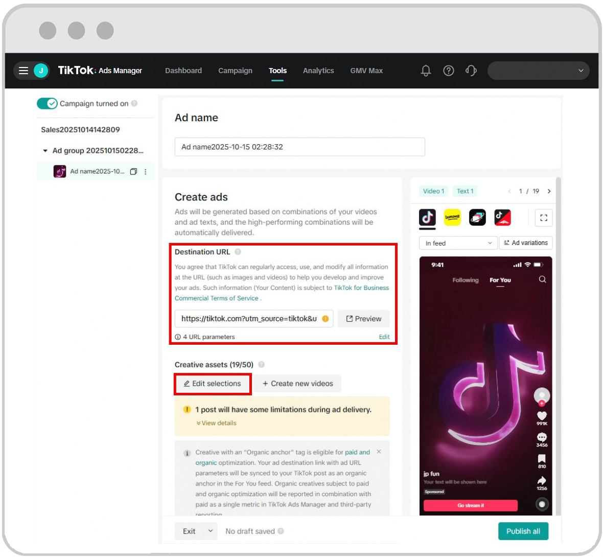 About Recommended Creatives - destination URL