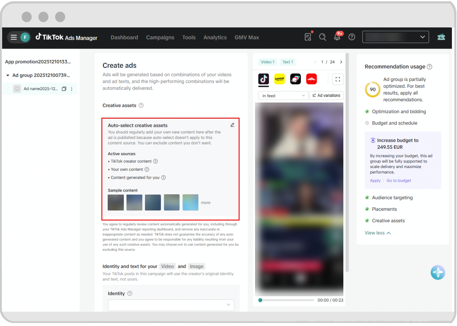 Auto-selected creatives - pencil icon