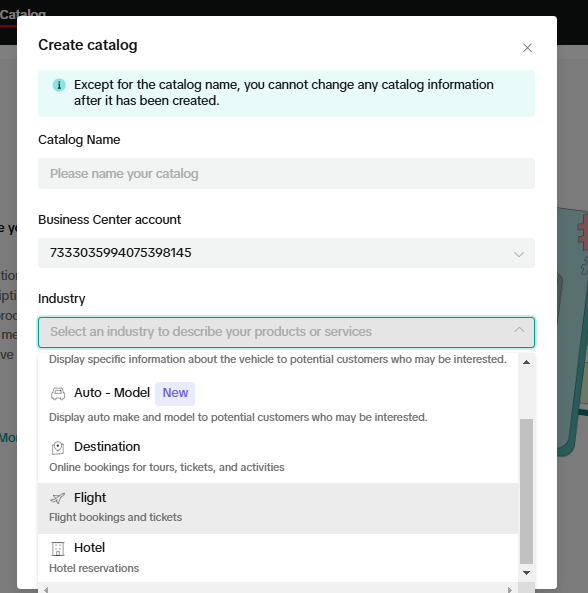 Create catalog for Travel Ads