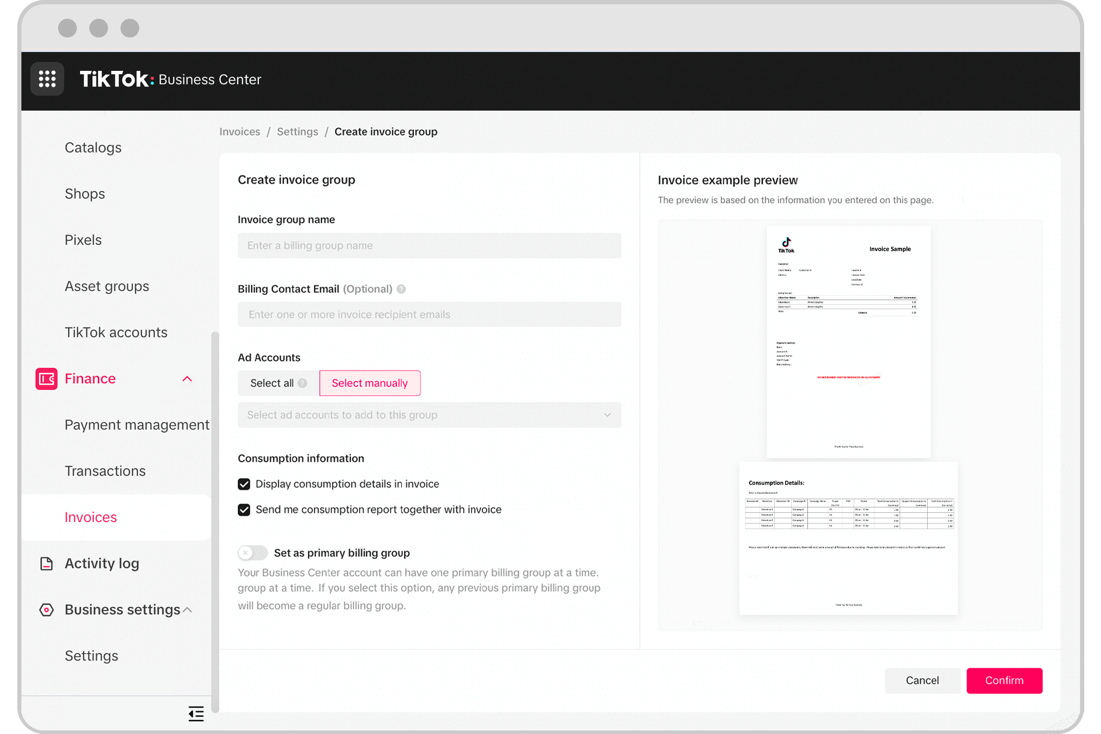 Business Center Invoice Group | TikTok Business Center