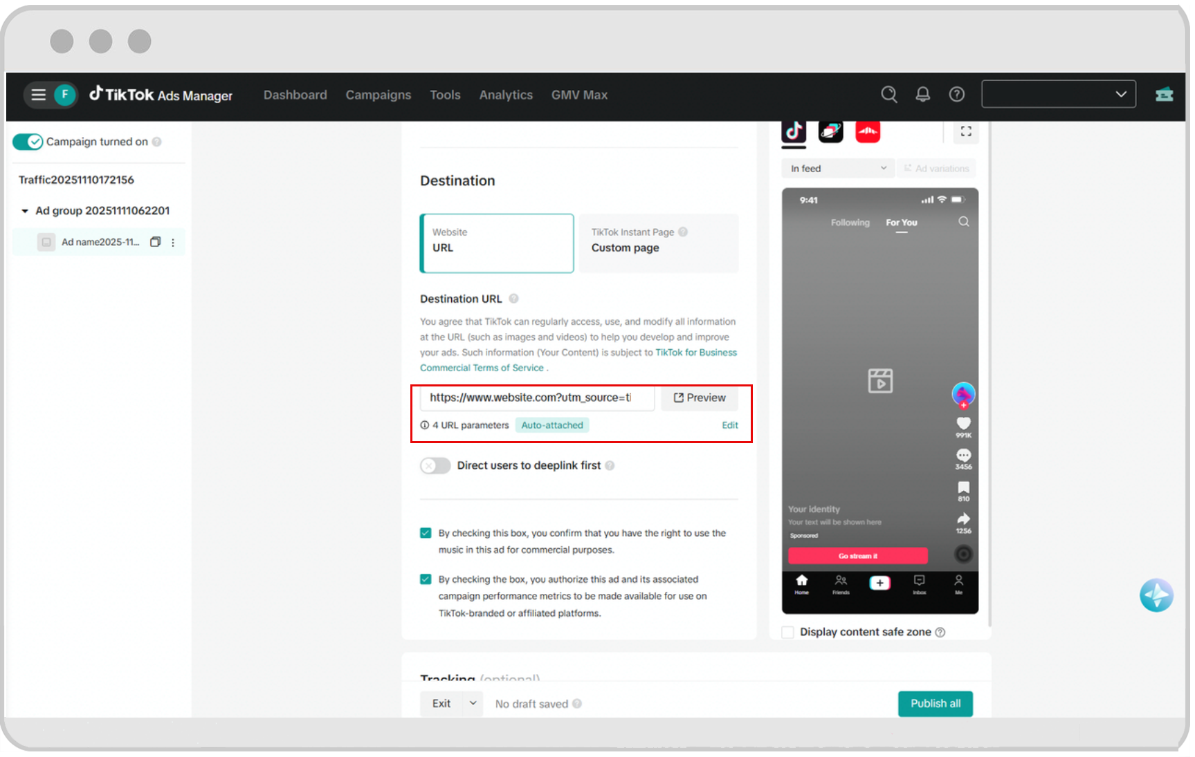 URL parameters - auto-attach destination URL