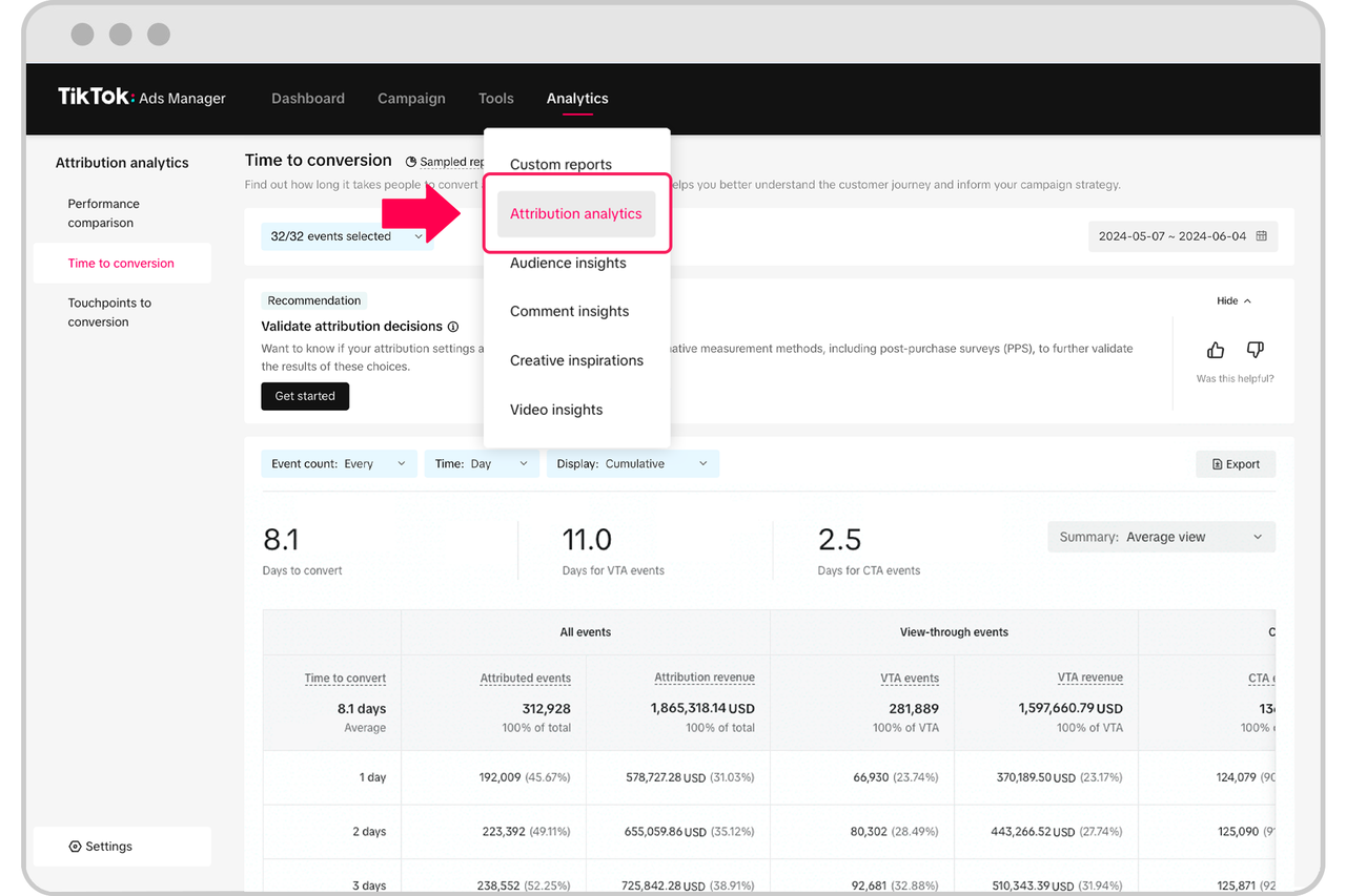 Attribution Analytics - How to view Time To Conversions - Instructions - 1