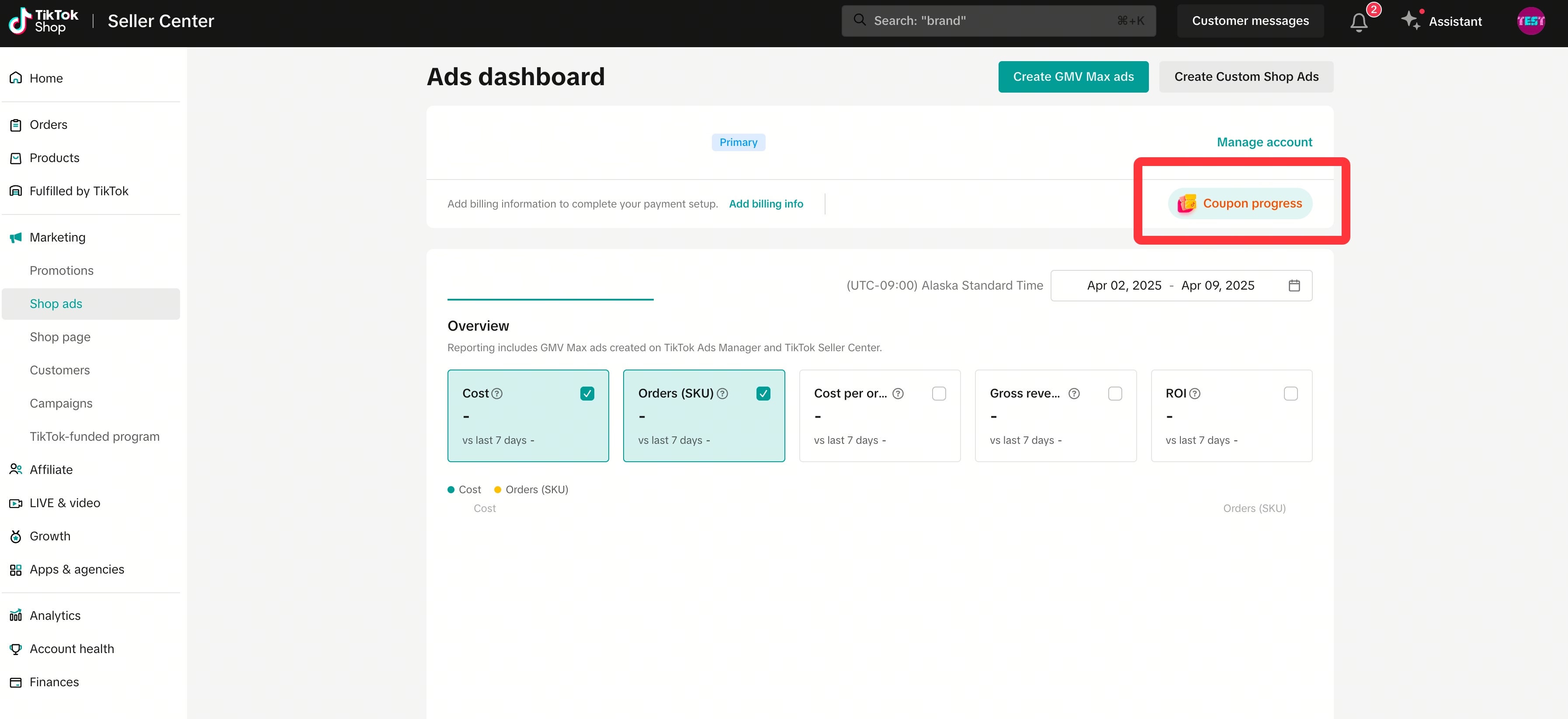 Seller Center coupon progress - screenshot
