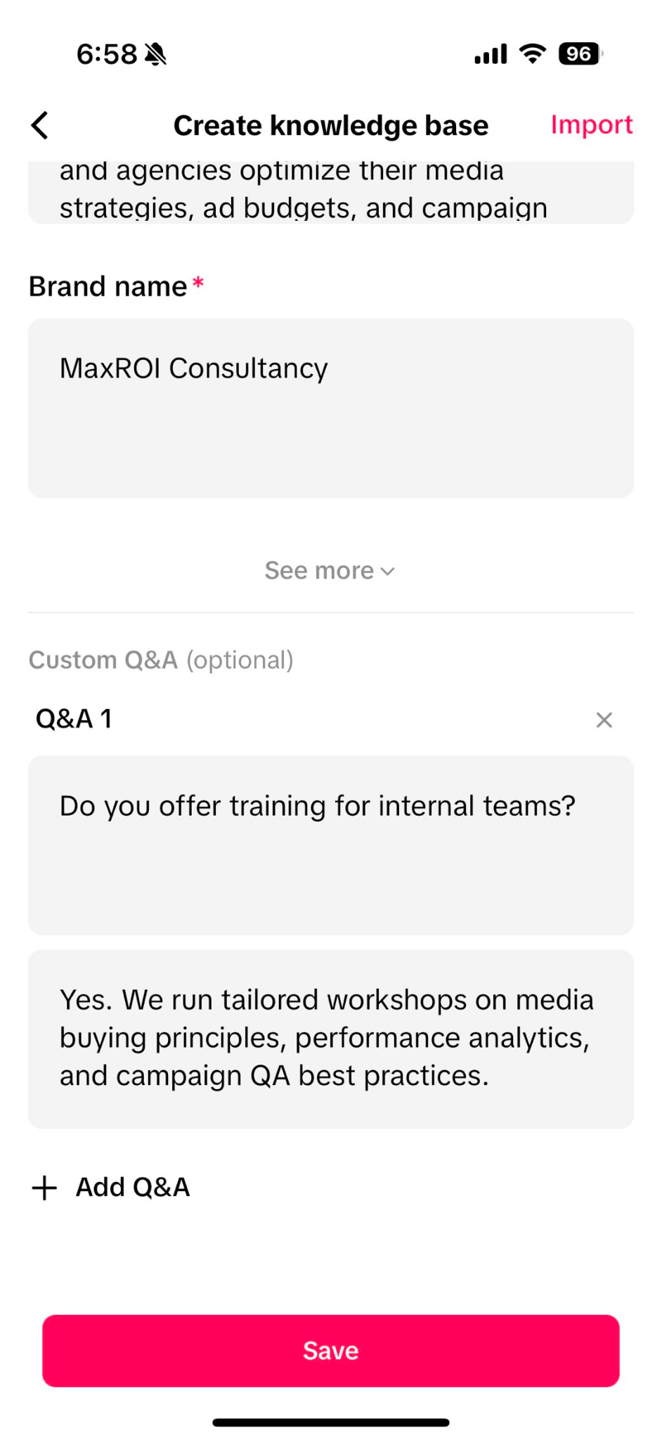 Update the knowledge base for the Lead Generation Assistant - screenshot 1