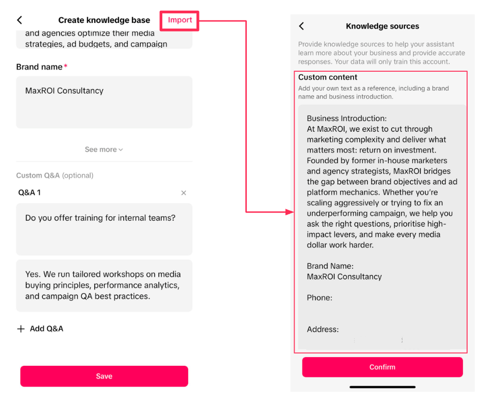 Update the knowledge base for the Lead Generation Assistant - screenshot 2
