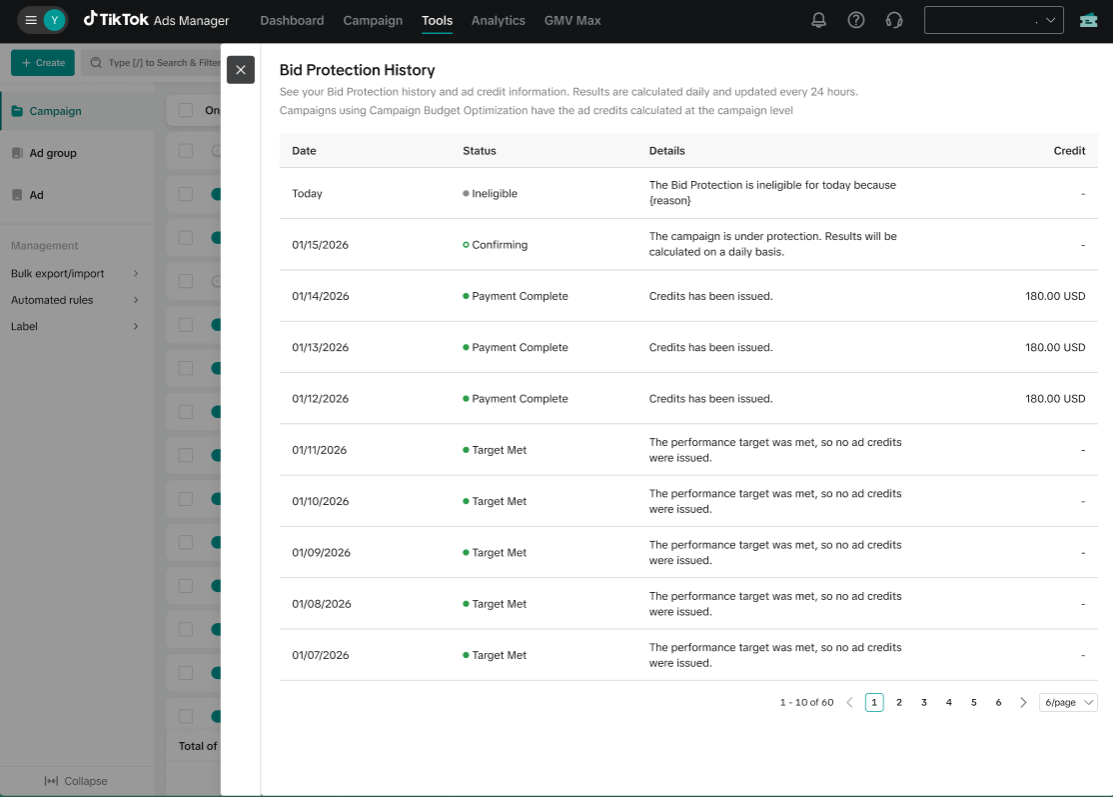 Bid protection history - screenshot
