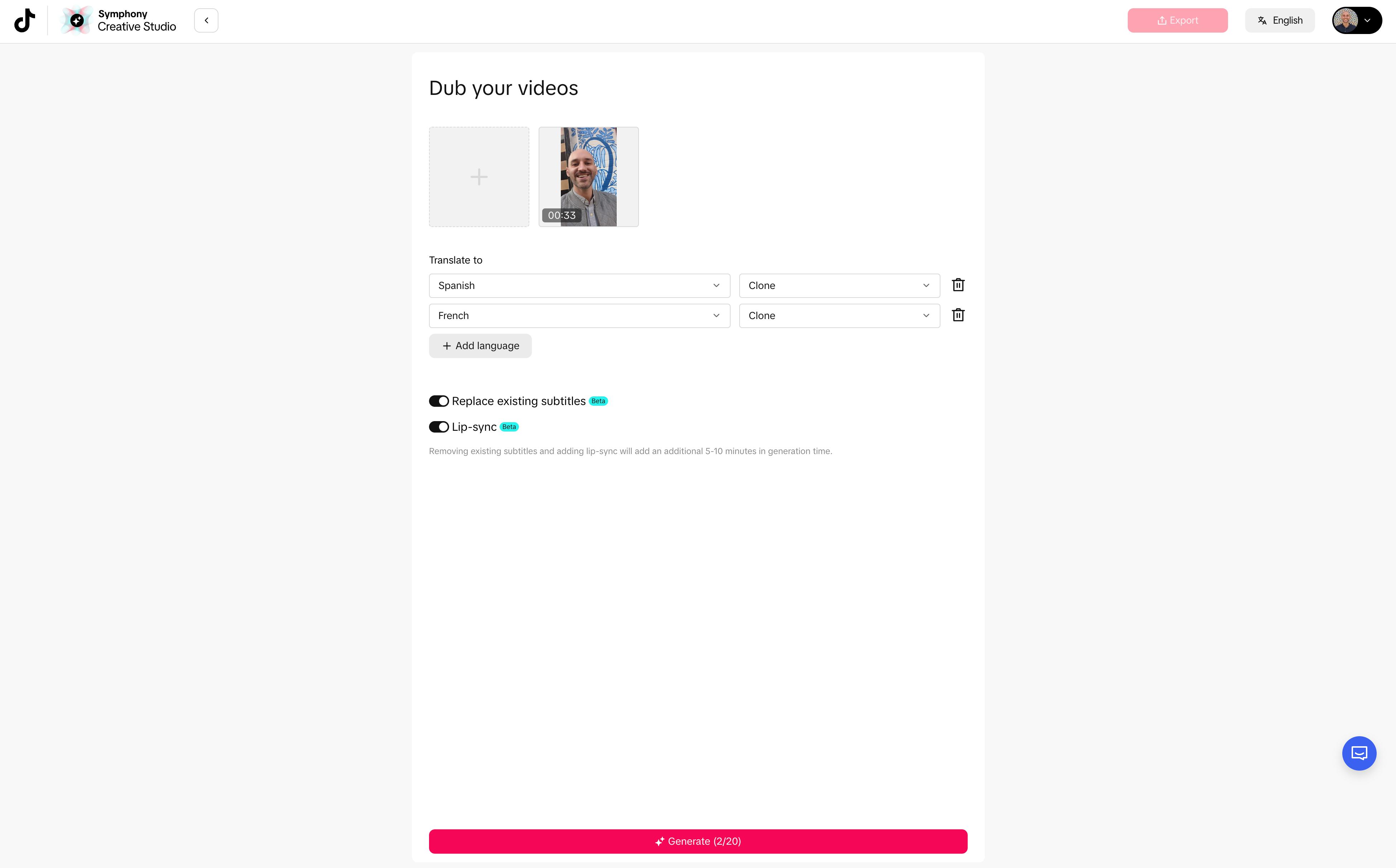 Translate and dub videos in Symphony Creative Studio